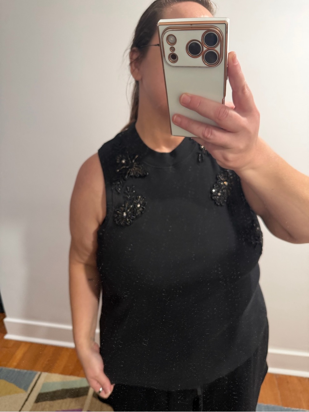 By Anthropologie Black Beaded appliqué Tank in 2X